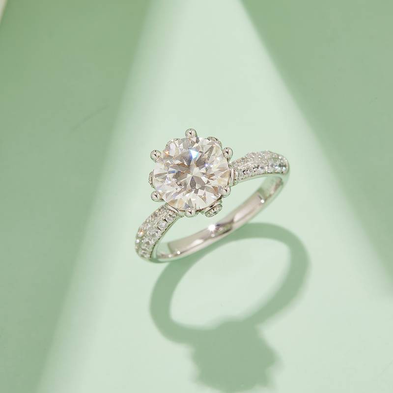 直臂豪镶花神S925银镀白金MoissaniteWomen's Ring3.0ctD级
